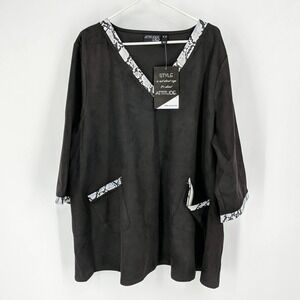 Attitudes by Renee Faux Suede Top w/ Faux Snake Trim Black‎ Women's Plus Size 3X